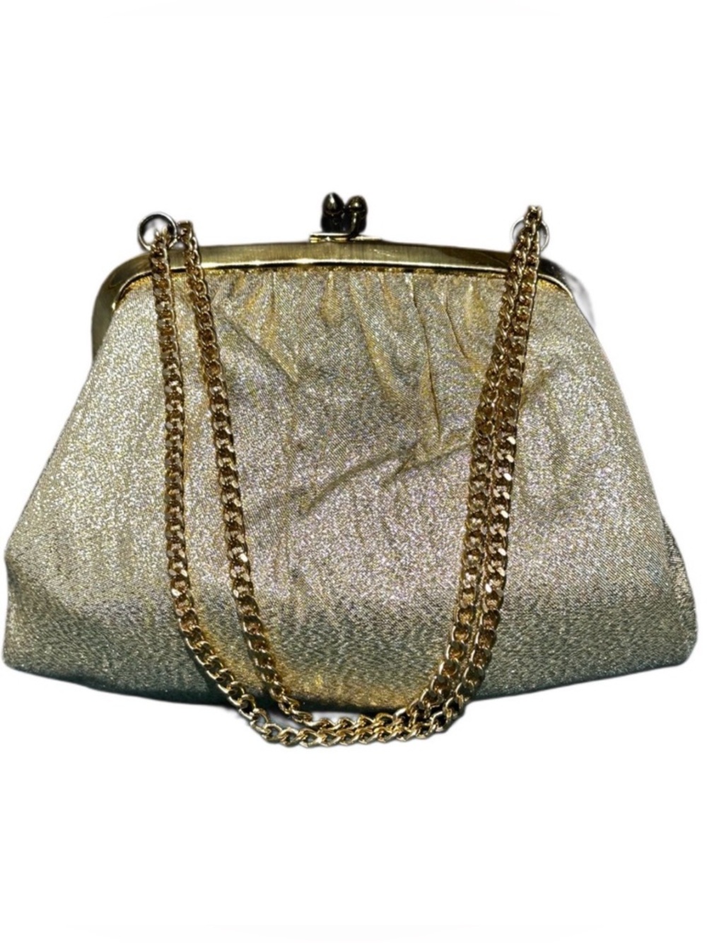 60s Lam’e Gold Fabric Clutch with Gold Chain Strap kiss lock 8 1/2” X 6 1/2”